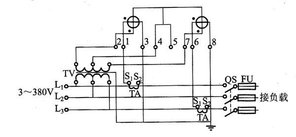 DS型三相三線有功電能表配電壓互感器、電流互感器接線原理圖